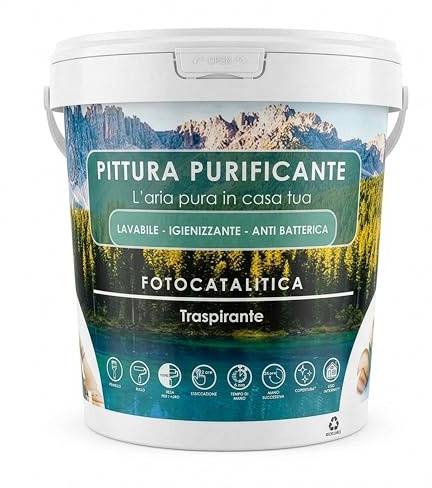 Pittura Antimuffa Fotocatalitica per Interni/Vernice Lavabile Atossica adatta a Bambini e Animali/Traspirante e Risanante per Pareti interne Muro Legno Metallo/No Tossica (Bianco, 5 Kg)