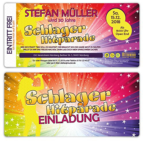 80 x Geburtstag Einladungskarten Einladungen Ticket Eintrittskarten - Schlager Hitparade