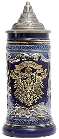 HAUCOZE Bierkrug mit Deckel Bierseidel Steinkrüge Deutschland Zinnwappen Beer Stein Mug für Vater Männer Geburtstag Geschenk 0.6Liter
