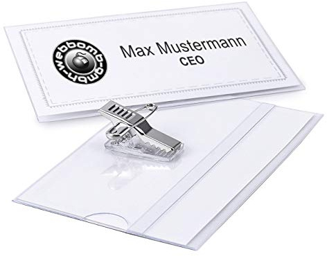 WEBBOMB Lot de 50 badges avec clip de fixation et épingle pour vêtements - Transparent - Pour cartes de visite jusqu'à 90 x 56 mm - En plastique