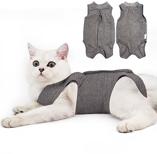 DOTON Cat Recovery Suit for Male and Female Surgical Post Surgery Soft Cone Onesie Shirt Clothes Neuter Licking Protective Diapers Outfit Cover Kitten Spay Collar(L, Grey)