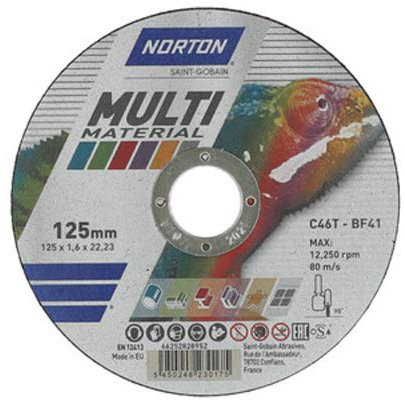 Norton Lot de 25 disques à tronçonner droits 41 | 125 x 1,6 x 22,23 C 46 T Multi usage