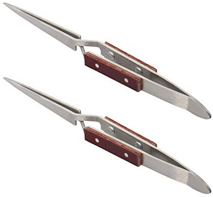 Utoolmart Pinzas de acero inoxidable con cierre cruzado de mango de madera, acción inversa recta para electrónica, joyería, laboratorio, Hobby 2 piezas