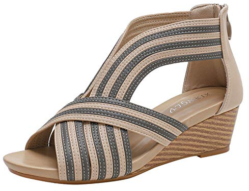 rismart Mujer Sandalias de Vestir Señoras Peep toe Medio Cuña Tiras Casual Zapatos de Verano Almendra,40
