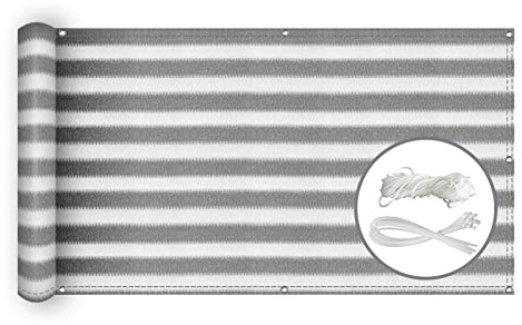NKADNB Vindskydd utomhus 90 x 1800 cm UV-resistent, solskydd Skuggande Trädgård Sekretessskydd med öljetter, buntband och rep randig grå-vit