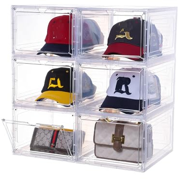 Hat Organizer for Baseball Caps,set of 6, Transparent Storage Box Hat Holder With Clear Magnetic Door, Stackable Rack, Easy to Assemble Stylish Display(13.5 x 10.6 x 7.5 )