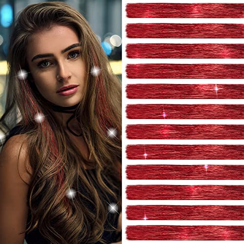 SEGO Hair Tinsel Kit With Tool 2400 Strands Tinsel Hair Extensions Sparkling Shiny Hair Tinsel 47 Inch Highlights Glitter Tinsel Hair Extensions - Red