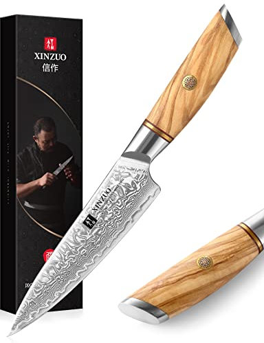 XINZUO Damaststahl Allzweckmesser, 13cm Obstmesser Damaskus 73 Schichten Japanisches Küchenmesser, Multifunktions Gemüsemesser Scharfe Klinge mit ergonomischer Olivenholz Griff -Lan Series