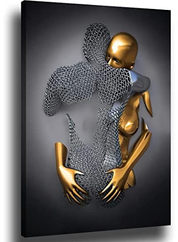 chongjian Liebe Herz 3D Grau Leinwand Wandkunst Moderne Gemälde 3d Abstrakt Umarmung Wanddekoration Schwarz und Weiß Metallfigur Skulptur Effekt Bild Wohnzimmer Dekoration (Mit Rahmen-B, 16x24in)