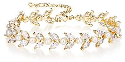 EVER FAITH Cubic Zirkonia Tennis Armbänder für Braut simulierte Perle Marquise Blatt Armkette für Damen Prom
