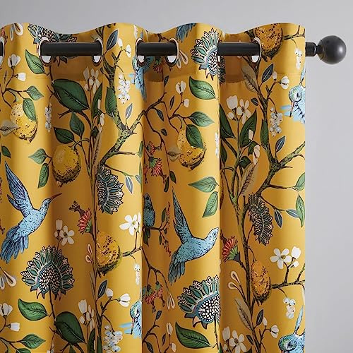 Topfinel Mustard Yellow Vintage Curtains & Drapes 84 Inches Long, Grommet Luxury Whimsical Floral Lemon Hummingbird Patterned Waverly Mid Century Colorful Blackout Drapes for Living Room Bedroom