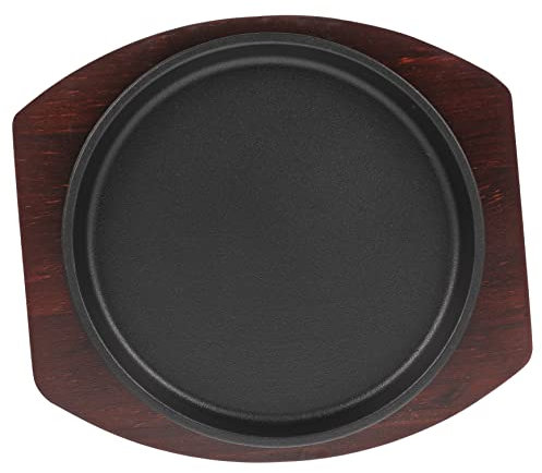 YARNOW 1ensemble Plaque à Steak Fonte Ronde Avec Support Bois Plat De Service Antiadhésif Pour Cuisine Pour Repas Famille Et Événements Spéciaux