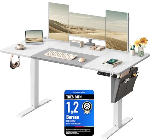 SONGMICS Höhenverstellbarer Schreibtisch elektrisch, 140 x 60 cm, stufenlos verstellbar, Memory-Funktion mit 4 Höhen, wolkenweiß-Taubengrau LSD016W02