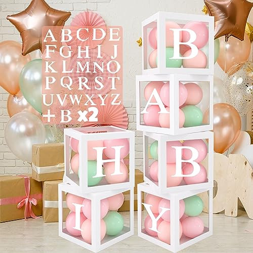 QIFU 6Pcs Balloon Boxes w/ 54 Letters, Boy Girl Baby Shower Decorations Boxes,2sets of BABY+A-Z Letters, 25cm NAME Balloon Box, B'day Party, Christening, Gender Reveal Decorations (W6204-306B@#QIFU)