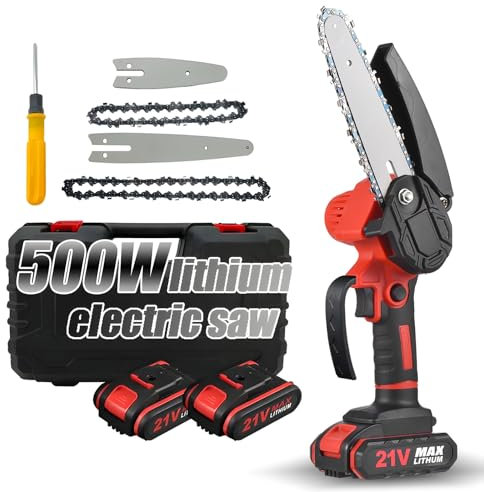 Irishom Mini Motosega 4 Pollici 6 Pollici Motosega Portatile con Blocco di Sicurezza 2 Catene 21V Ricaricabile Alimentato a Batteria Motosega Elettrica Senza Fili-Rosso