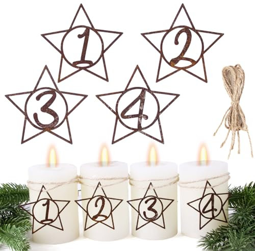 BOFUNX Números de Calendario de Adviento para Velas y Portavelas Colgantes Navidad de Oxidado Metal 1-4 en Estrella Adornos Decoración Navideña para Manualidades Árbol de Navidad