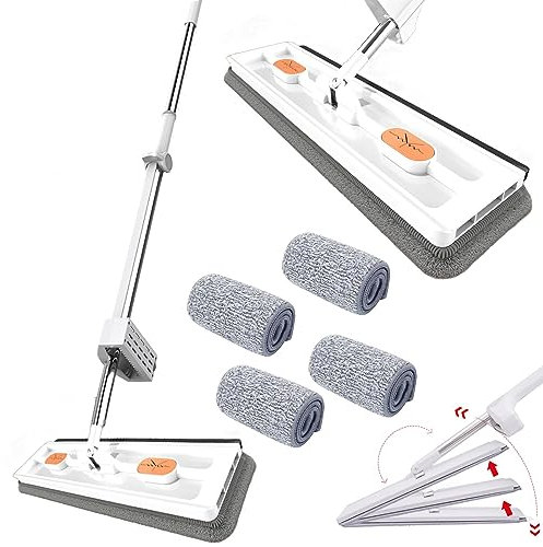 Lipski Roseionly Trapeador Plano Grande, Trapeador de Microfibra, Trapeador para Limpieza de Paredes con Mango Largo de Acero Inoxidable, con 4 Almohadillas de Microfibra Reutilizables (White)