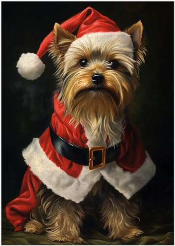 Santa Yorkshire Terrier Jigsaw Puzzle 300/500/1000 Piece, Pet Santa Costume Portrait for Yorkshire Terrier Owner (500pc (38×52cm))