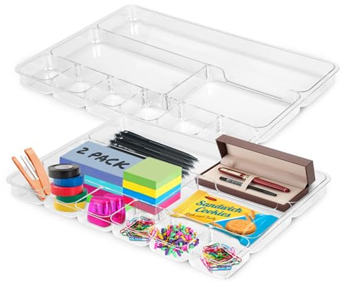 Manaloom Desk Drawer Organizer Tray with 9 Storage Compartments - For Home and Office - Drawer Organizers Office, Perfect Organizing Pens, Pencils, Paper Clips, Sticky Notes - Clear - 2 Pack