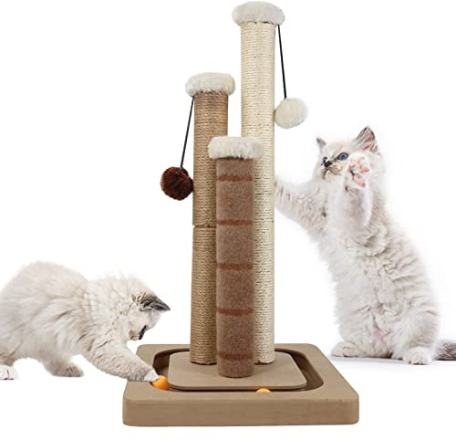AUSCAT Cat Scratching Post with 3 Scratching Poles, Vertical Sisal Cat Scratcher with Hanging Balls & Track Balls, Scratching Post for Indoor Cats and Kittens