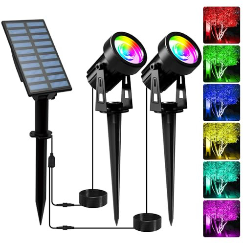 T-SUNUS Faretti Solari da Giardino Colorate, 2 in 1 Luci Solari Esterno Giardino RGB Decorative IP65 Impermeabile 6 Colori per Cortile Patio Alberi Vialetto