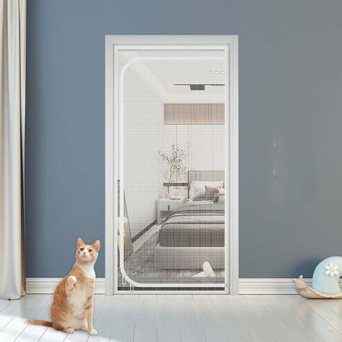 Custom Size Cat Screen Door Anti Fly Mesh Door Curtains with Zip for Bedroom, Piano Room, Balcony, Greenhouse, Prevent Dogs Cats Running Out from Home (C-Zipper Opening,White)
