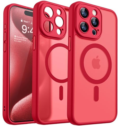 CANSHN Cover Magnetica per iPhone 15 Pro, Compatibile con MagSafe, [Protezione Completa Della Fotocamera], Custodia Traslucida Opaca Protettiva Sottile Antiurto 6,1 Pollici - Rosso