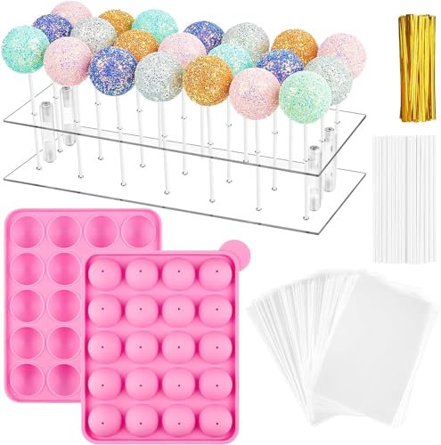 CLUEWR Kit complet de moules à cake pop avec 1 moule à cake pop en silicone à 20 cavités, 21 trous en acrylique transparent, 100 sacs transparents, 100 bâtons et 100 attaches torsadées