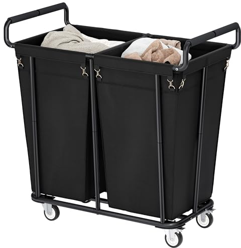 Gewudraw Wäschekorb mit Rollen, 360L Großer Wäschewagen 2 Fächern, Schwarz | Groß Kommerziell Wäschewagen mit Griff, Wasserdichtes Innenfutter, Wäschesortierer Groß, Wäschesammler für Badezimmer, Hotel