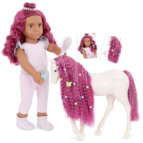 Our Generation - Estra y Delta - Set de muñeca y Potro de Caballo de 46 cm - Cabello Fucsia a Juego - Accesorios de peluquería y estética - Jugar a Simular - Juguete para niños a Partir de 3 años