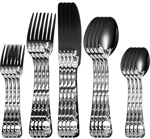 Stakee 20pcs Bizarre Flatware Set, Gothic Skull Silverware Set for 4, Skeleton Flower Unique Pattern Design, Knives/forks/spoons Cutlery Set Halloween Event Tableware Utensils