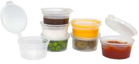 Sunrise Packaging Small 1oz Reusable Plastic Pots With Lids - 50 Pack | Round Food Containers | Hinged Sauce Containers for Dips, Chutney, Sauces, Condiments, Crafts and Deli