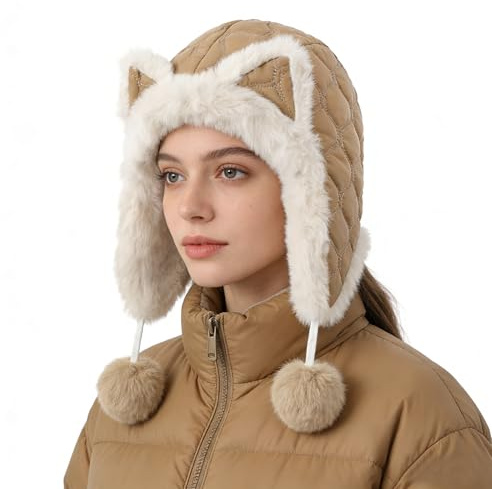 YJZQ Damen-Wintermütze, Skimütze, winddicht, Plüsch, warm, mit Ohrenschützer, Fuchs-Form, Schutz für Gesicht und Hals, 54-58 cm