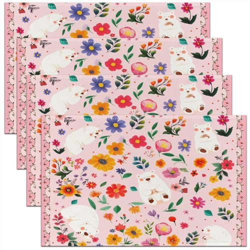 Homewish Set di 4 tovagliette all'americana con orsetto carino, 30,5 x 45,7 cm, motivo animali kawaii, fiori e uccelli stampati, resistenti al calore, tovagliette da cucina impermeabili verdi e rosa