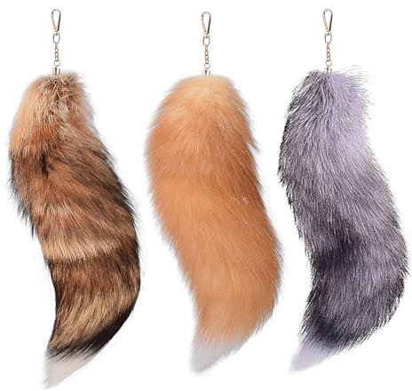 Putextile Fuchsschwanz Anhänger Ungefähr Pelzschwanz Schlüsselanhänger Extra große Schlüsselring Tasche Zubehör Schlüsselketten Anhänger Weiche flauschige Handtasche Dekoration-Tail Gift 3P Set (K)