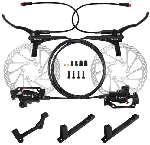 BUCKLOS Ebike Hydraulic Disc Brake Set with 180mm Rotors 2 Pistons Electric Power-Off Left Front 1100mm Right Rear 1800mm Aluminum Alloy Lever for scooter/MTB Mountain Bike(Included Adapters)