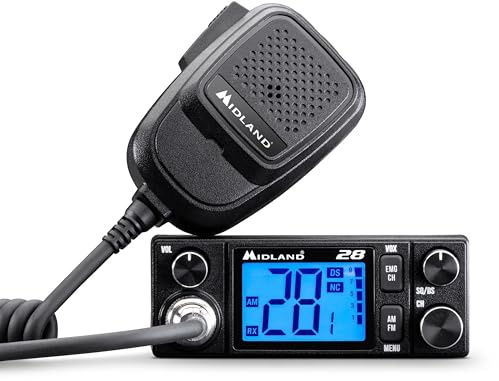 Midland 28 CB-Funkgerät mit 2 LCD-Display, VOX Freisprechfunktion, Noise-Canceling, 12/24V, Multistandard, RF-Verstärkung, für Auto und LKW, schwarz