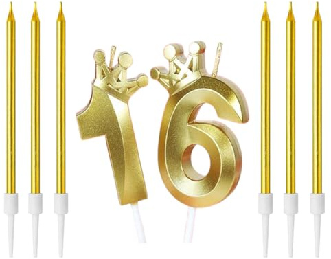 Ensemble de Bougies D'anniversaire,Bougie Anniversaire Métallique Bougie Numéro 16 avec 6 Bougies Longues,Bougies D'anniversaire pour Gâteau pour Filles,Garçons,Décorations de Fête D'anniversaire