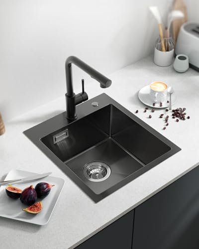 Sofetiy Évier de cuisine noir 40x45 cm acier inoxydable armoires inférieures 40 cm encastrable siphon