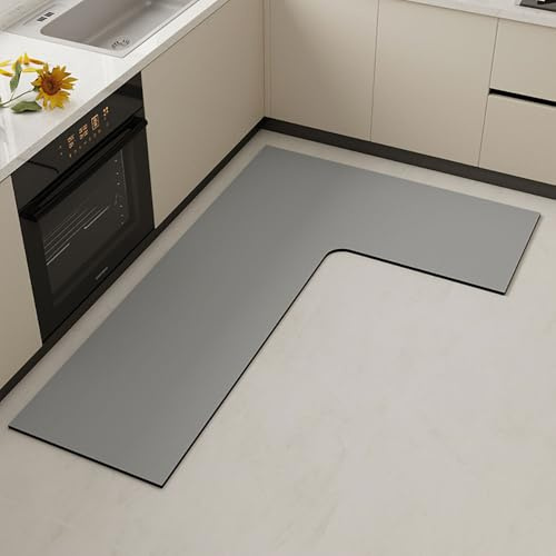 Hixingo Alfombra de Cocina, Lavables Tapete de Cocina Diatomáceas, Izquierda Forma L Absorbebles Antideslizantes Alfombra Cocina para Piso Alfombrilla de Cocina (Gris Sólido,100x150cm)