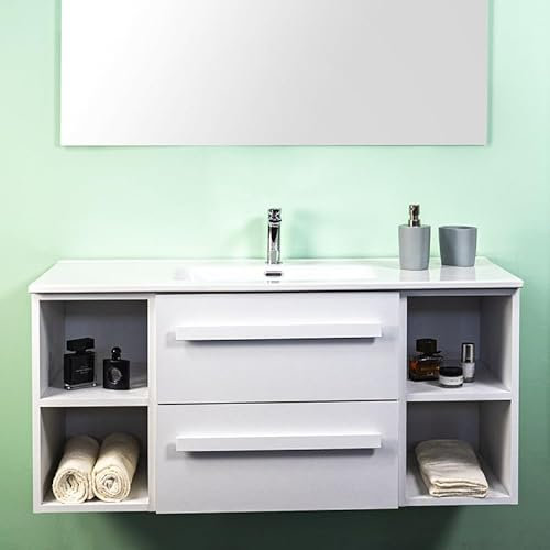 Yellowshop| Mobile Bagno Sospeso 120 cm – 2 Cassetti con Toletta, Lavabo, Specchio e Applique – Design Moderno, Finitura Cemento Bianco (Mobile con Lavabo)