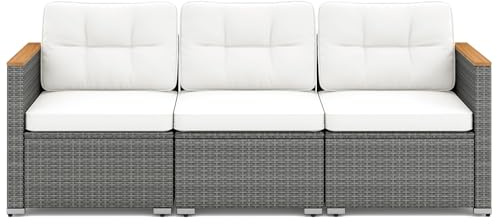 COSTWAY 3-Seater Garden Rattan Sofa, 3-Piece Sectional Patio Sofa Couch with Thick Cushions and Armrests, All-Weather Wicker Weave Outdoor Seating Bench Furniture (Mixed Grey+Off White, 194x66x65cm)