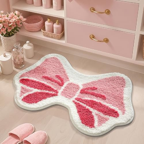 PEIHUODAN Pink Bath Mat, Cute Bow Rug Non Slip Bath Mats for Bathroom Girl Bedroom Entrance, Soft Microfiber Fleece Shower, Machine Washable, Super Absorbent, Durable Bathroom Carpet (Pink 1,60x90cm)