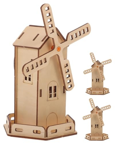 WOONEKY 3pcs Solar Powered Windmill Model Kit DIY Assembly Educational Wooden House Stem for Birthday Present Learning Science Technology Engineering