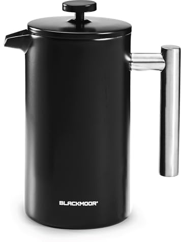 Blackmoor Cafetière à piston française en acier inoxydable noir 1000 ml, 6 à 8 tasses, double paroi isolée avec filtre de précision en acier inoxydable