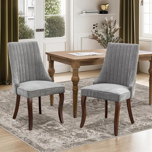 SoarFlash Ensemble de 2 chaises à Manger, à Dossier élevé avec Garniture Verticale, Pieds en Bois Massif incurvés, élégante Chaise tapissée pour la Salle à Manger, Gris