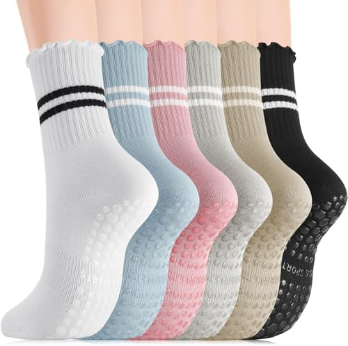 Newofview 6 Paar Pilates Socken Damen 37-41 Stoppersocken Damen Yoga Socken mit Noppen Reformer Pilates Grip Socks Baumwolle Rutschfeste Socken für Ballett Tanz Trampolin Fitness