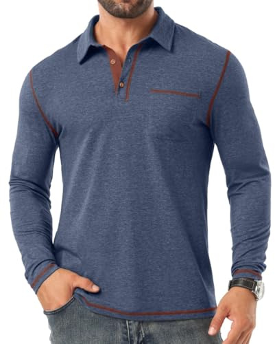 PrinStory Mens Long Sleeve Polo Shirts Golf Tennis Tshirts Grandad Tee Casual Tops with Chest Pocket