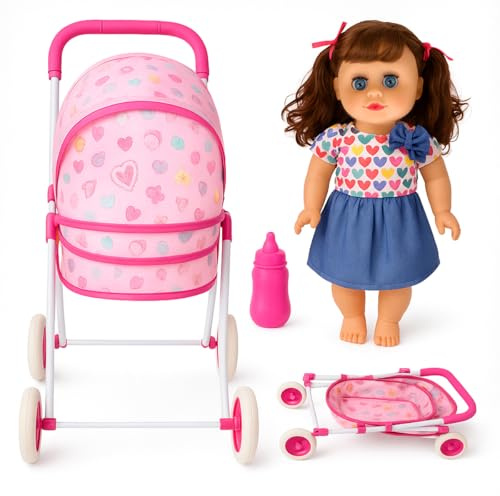 Toyana Baby Dolls Pram - 11 Inch Realistic Lifelike Musical Doll with Foldable Stroller Buggy, Pretend Play Doll Activity Playset, Imaginative Role Play Gift Set for Girls 3+ Years