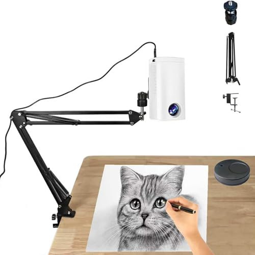 Proiettore per disegno, proiettore d'arte portatile intelligente, lampada per schizzi e disegno con supporto, per tavolo, tela/parete, pittura, USB/smartphone, telecomando(White,1.95m)